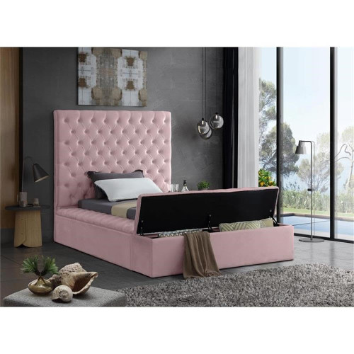 Bliss Collection Modern | Contemporary Velvet Upholstered Bed with Deep Button Tufting and Storage Compartments in Rails and Footboard, Pink, Twin