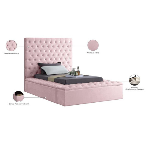 Bliss Collection Modern | Contemporary Velvet Upholstered Bed with Deep Button Tufting and Storage Compartments in Rails and Footboard, Pink, Twin