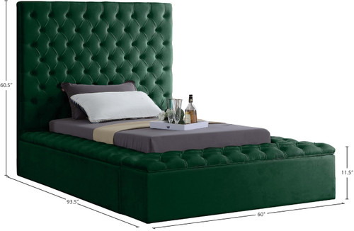 Bliss Collection Modern | Contemporary Velvet Upholstered Bed with Deep Button Tufting and Storage Compartments in Rails and Footboard, Green, Twin