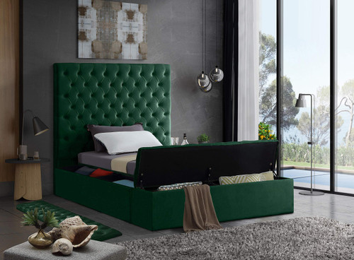Bliss Collection Modern | Contemporary Velvet Upholstered Bed with Deep Button Tufting and Storage Compartments in Rails and Footboard, Green, Twin