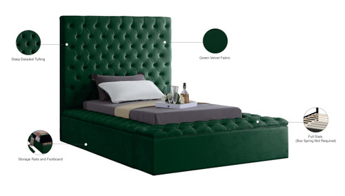 Bliss Collection Modern | Contemporary Velvet Upholstered Bed with Deep Button Tufting and Storage Compartments in Rails and Footboard, Green, Twin