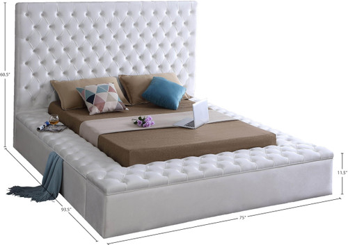 Bliss Collection Modern | Contemporary Velvet Upholstered Bed with Deep Button Tufting and Storage Compartments in Rails and Footboard, White, Full