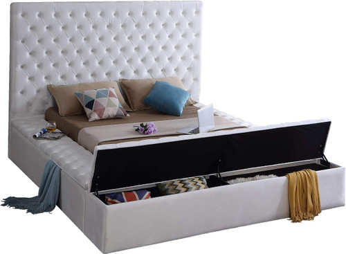 Bliss Collection Modern | Contemporary Velvet Upholstered Bed with Deep Button Tufting and Storage Compartments in Rails and Footboard, White, Full