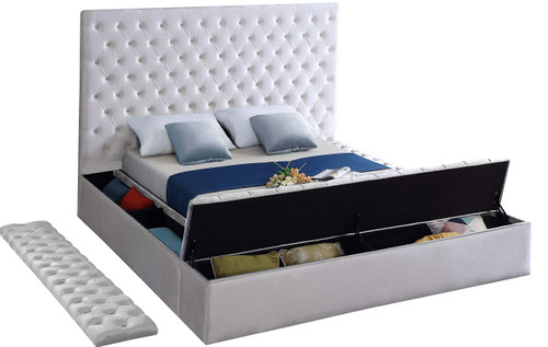 Bliss Collection Modern | Contemporary Velvet Upholstered Bed with Deep Button Tufting and Storage Compartments in Rails and Footboard, White, Full