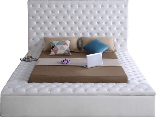 Bliss Collection Modern | Contemporary Velvet Upholstered Bed with Deep Button Tufting and Storage Compartments in Rails and Footboard, White, Full