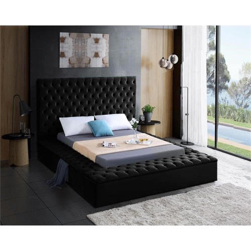 Bliss Collection Modern | Contemporary Velvet Upholstered Bed with Deep Button Tufting and Storage Compartments in Rails and Footboard, Black, Full