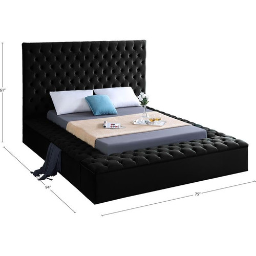 Bliss Collection Modern | Contemporary Velvet Upholstered Bed with Deep Button Tufting and Storage Compartments in Rails and Footboard, Black, Full