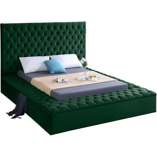 Bliss Collection Modern | Contemporary Velvet Upholstered Bed with Deep Button Tufting and Storage Compartments in Rails and Footboard, Green, Queen