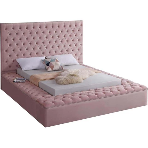 Bliss Collection Modern | Contemporary Velvet Upholstered Bed with Deep Button Tufting and Storage Compartments in Rails and Footboard, Pink, Queen