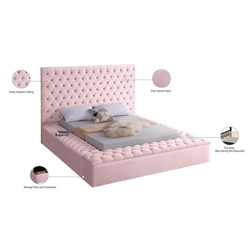 Bliss Collection Modern | Contemporary Velvet Upholstered Bed with Deep Button Tufting and Storage Compartments in Rails and Footboard, Pink, Queen