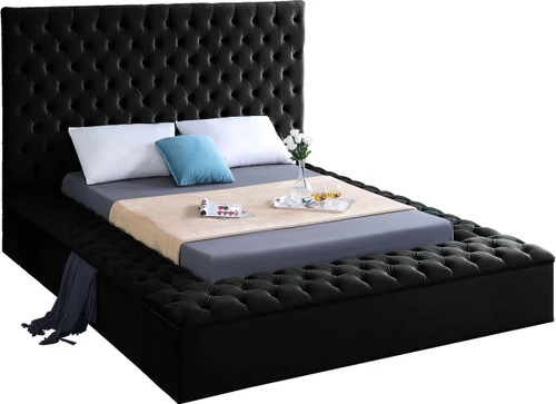 Bliss Collection Modern | Contemporary Velvet Upholstered Bed with Deep Button Tufting and Storage Compartments in Rails and Footboard, Black, Queen