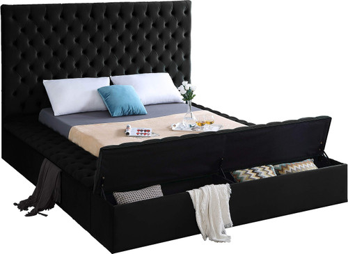 Bliss Collection Modern | Contemporary Velvet Upholstered Bed with Deep Button Tufting and Storage Compartments in Rails and Footboard, Black, Queen