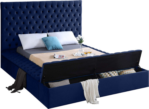 Bliss Collection Modern | Contemporary Velvet Upholstered Bed with Deep Button Tufting and Storage Compartments in Rails and Footboard, Queen, Navy