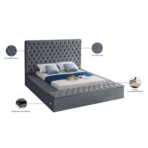 Bliss Collection Modern | Contemporary Velvet Upholstered Bed with Deep Button Tufting and Storage Compartments in Rails and Footboard, Gray, Queen