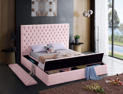 Bliss Collection Modern | Contemporary Velvet Upholstered Bed with Deep Button Tufting and Storage Compartments in Rails and Footboard, Pink, King