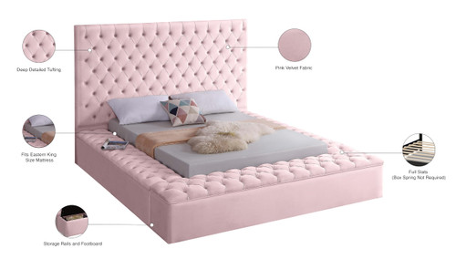 Bliss Collection Modern | Contemporary Velvet Upholstered Bed with Deep Button Tufting and Storage Compartments in Rails and Footboard, Pink, King