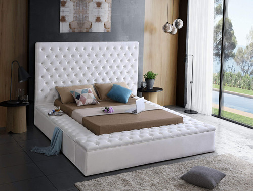 Bliss Collection Modern | Contemporary Velvet Upholstered Bed with Deep Button Tufting and Storage Compartments in Rails and Footboard, White, King