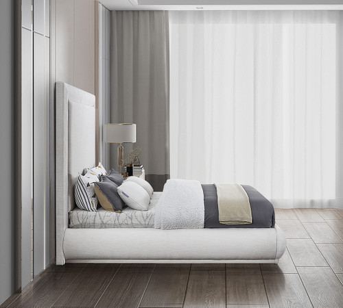 BrookeCream-Q Brooke Collection Mid Century Modern Linen Textured Upholstered Bed, 70" W x 89" D x 72" H, Cream, Twin