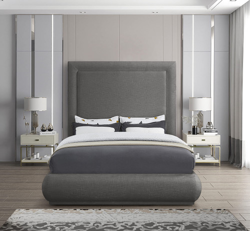 BrookeGrey-Q Brooke Collection Mid Century Modern Linen Textured Upholstered Bed, 70" W x 89" D x 72" H, Grey, Twin