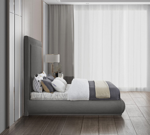BrookeGrey-Q Brooke Collection Mid Century Modern Linen Textured Upholstered Bed, 70" W x 89" D x 72" H, Grey, Twin