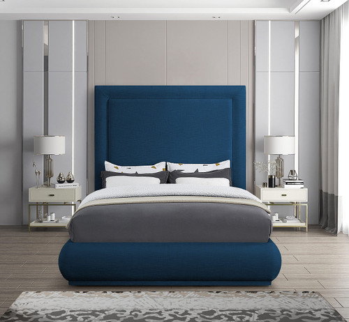 BrookeNavy-Q Brooke Collection Mid Century Modern Linen Textured Upholstered Bed, 70" W x 89" D x 72" H, Navy, Twin