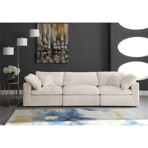 Cream-S119 Cozy Collection Contemporary Fiber Filled Comfort Overstuffed Velvet Upholstered Modular Sofa Seating for 3 Cream
