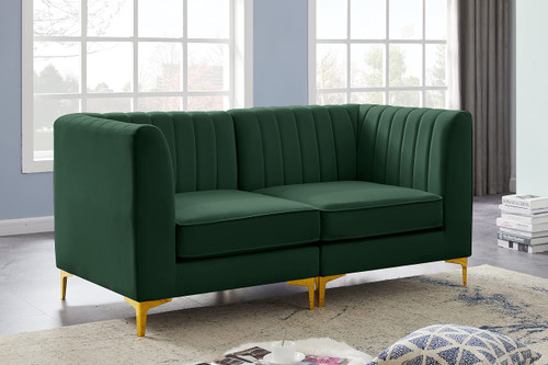 Green-S67 Alina Collection Modern | Contemporary Green Velvet Upholstered Modular Sofa with Deep Channel Tufting, 65" W x 32.5" D x 31" H, Green