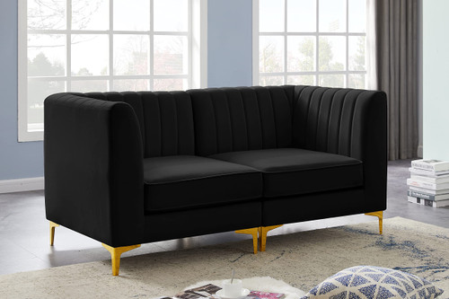 Black-S67 Alina Collection Modern | Contemporary Black Velvet Upholstered Modular Sofa with Deep Channel Tufting, 65" W x 32.5" D x 31" H, Black