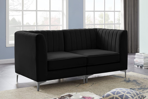 Black-S67 Alina Collection Modern | Contemporary Black Velvet Upholstered Modular Sofa with Deep Channel Tufting, 65" W x 32.5" D x 31" H, Black