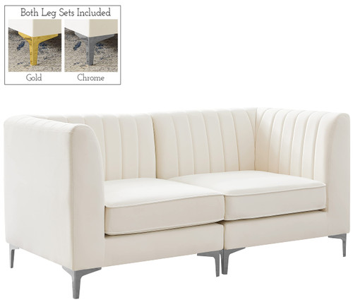 Cream-S67 Alina Collection Modern | Contemporary Cream Velvet Upholstered Modular Sofa with Deep Channel Tufting, 65" W x 32.5" D x 31" H, Cream