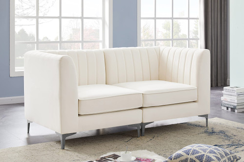 Cream-S67 Alina Collection Modern | Contemporary Cream Velvet Upholstered Modular Sofa with Deep Channel Tufting, 65" W x 32.5" D x 31" H, Cream