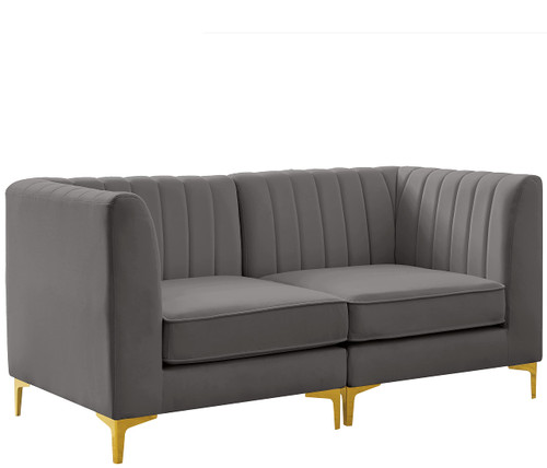 Grey-S67 Alina Collection Modern | Contemporary Grey Velvet Upholstered Modular Sofa with Deep Channel Tufting, 65" W x 32.5" D x 31" H, Grey