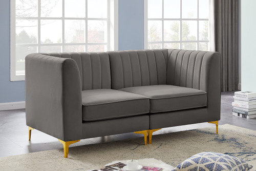 Grey-S67 Alina Collection Modern | Contemporary Grey Velvet Upholstered Modular Sofa with Deep Channel Tufting, 65" W x 32.5" D x 31" H, Grey