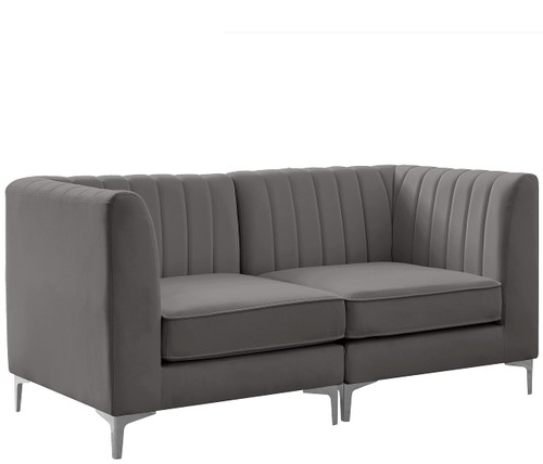 Grey-S67 Alina Collection Modern | Contemporary Grey Velvet Upholstered Modular Sofa with Deep Channel Tufting, 65" W x 32.5" D x 31" H, Grey
