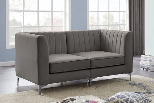 Grey-S67 Alina Collection Modern | Contemporary Grey Velvet Upholstered Modular Sofa with Deep Channel Tufting, 65" W x 32.5" D x 31" H, Grey