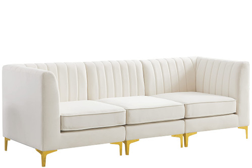 Cream-S93 Alina Collection Modern | Contemporary Cream Velvet Upholstered Modular Sofa with Deep Channel Tufting, 91" W x 32.5" D x 31" H, Cream