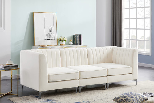 Cream-S93 Alina Collection Modern | Contemporary Cream Velvet Upholstered Modular Sofa with Deep Channel Tufting, 91" W x 32.5" D x 31" H, Cream