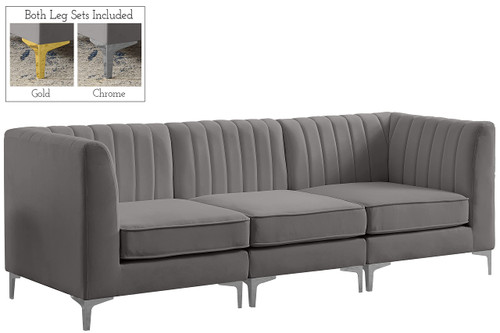 Grey-S93 Alina Collection Modern | Contemporary Grey Velvet Upholstered Modular Sofa with Deep Channel Tufting, 91" W x 32.5" D x 31" H, Grey