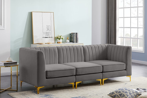 Grey-S93 Alina Collection Modern | Contemporary Grey Velvet Upholstered Modular Sofa with Deep Channel Tufting, 91" W x 32.5" D x 31" H, Grey