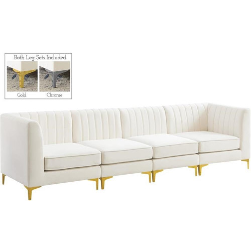 Cream-S119 Alina Collection Modern | Contemporary Cream Velvet Upholstered Modular Sofa with Deep Channel Tufting, 116.5" W x 32.5" D x 31" H, Cream