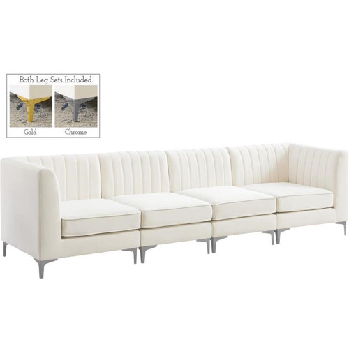 Cream-S119 Alina Collection Modern | Contemporary Cream Velvet Upholstered Modular Sofa with Deep Channel Tufting, 116.5" W x 32.5" D x 31" H, Cream