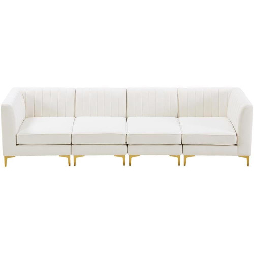 Cream-S119 Alina Collection Modern | Contemporary Cream Velvet Upholstered Modular Sofa with Deep Channel Tufting, 116.5" W x 32.5" D x 31" H, Cream
