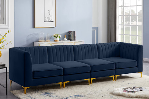 Navy-S119 Alina Collection Modern | Contemporary Navy Velvet Upholstered Modular Sofa with Deep Channel Tufting, 116.5" W x 32.5" D x 31" H, Navy