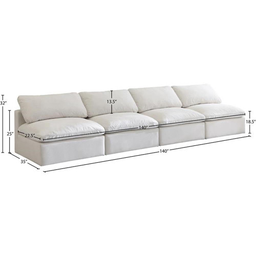 Cream-S4 Plush Collection Contemporary Down Filled Comfort Overstuffed Velvet Upholstered Modular Sofa 4-Seater Armless Cream