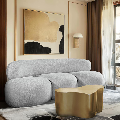 Grey-S Venti Collection Art Deco Sofa with Rich Grey Boucle Fabric, Salt & Pepper Colored Fabric, Curved Shape, 88.5" W x 36" D x 27.5" H, Grey
