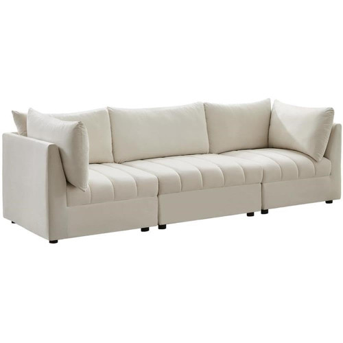 Cream-S103 Jacob Collection Modern | Contemporary Velvet Upholstered Modular Sofa with Deep Channel Tufting, 103" W x 33.5" D x 32" H, Cream
