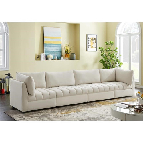 Cream-S140 Jacob Collection Modern | Contemporary Velvet Upholstered Modular Sofa with Deep Channel Tufting, 140" W x 33.5" D x 32" H, Cream