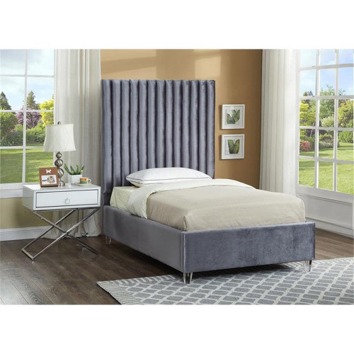 Candace Grey-T Candace Collection Modern | Contemporary Velvet Upholstered Twin Bed, Grey Velvet Fabric, Deep Channel Tufting, Acrylic Legs, 44" W x 81" D x 65" H, Grey, Twin