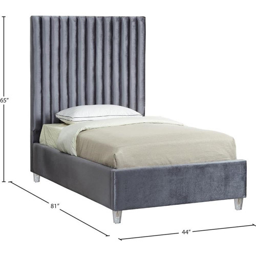 Candace Grey-T Candace Collection Modern | Contemporary Velvet Upholstered Twin Bed, Grey Velvet Fabric, Deep Channel Tufting, Acrylic Legs, 44" W x 81" D x 65" H, Grey, Twin