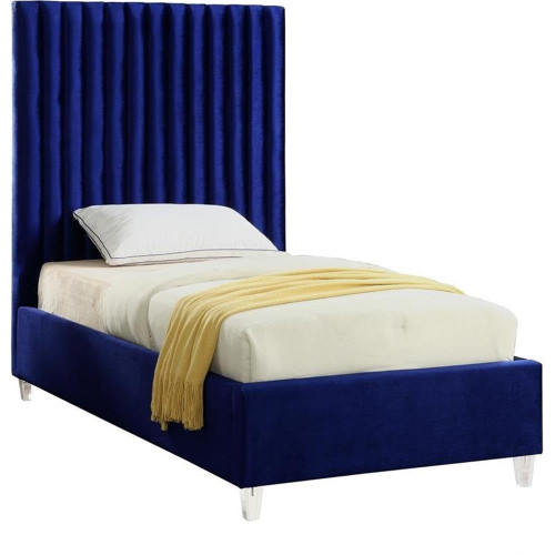 Candace Navy-T Candace Collection Modern | Contemporary Velvet Upholstered Twin Bed, Navy Velvet Fabric, Deep Channel Tufting, Acrylic Legs, 44" W x 81" D x 65" H, Navy, Twin